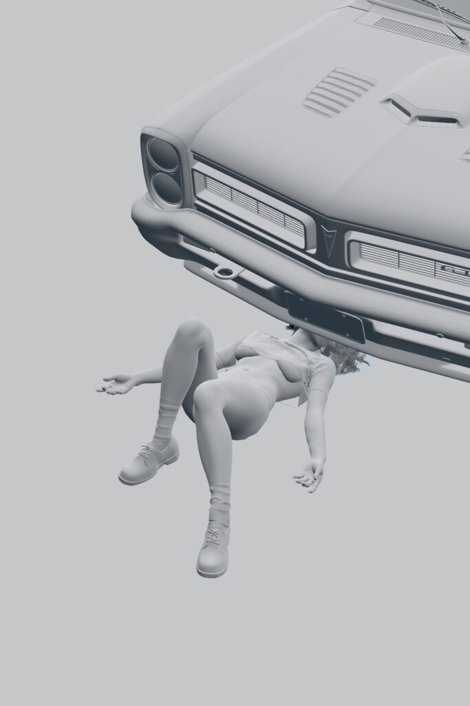 A matcap render car looms overhead casting a shadow over a woman lying on the ground with her arms and legs spread out.